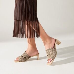 Vivaia Block Heel Mules Square Toe Slip On‎ Sandals Neutral Print Size 9.5 EUR41